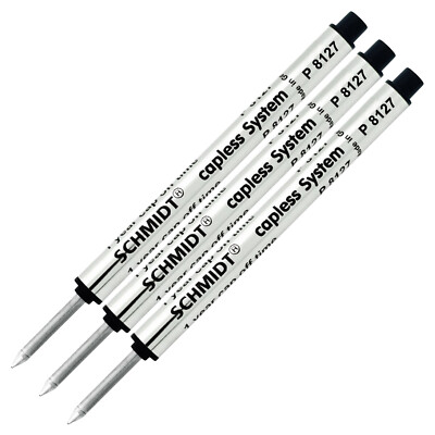 3X Schmidt P8127 Short Capless Rollerball Refill Fits Retro 1951, Black Medium