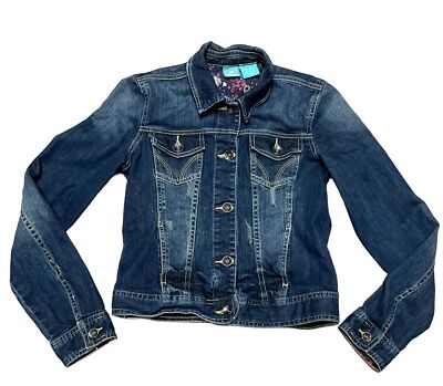 VTG HANG TEN DENIM TRUCKER JACKET SZ S BLUE CROPPED FACTORY DISTESSED WOMENS