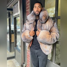 Winter Real Fur Coat Men's Luxury Blue Fox Fur Overcoat Natural Fur Thick Jacket