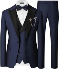Wangyue Men's Suit Slim Fit Navy Blue 3 Piece Satin Peak Lapel XL 44R 38W 1B