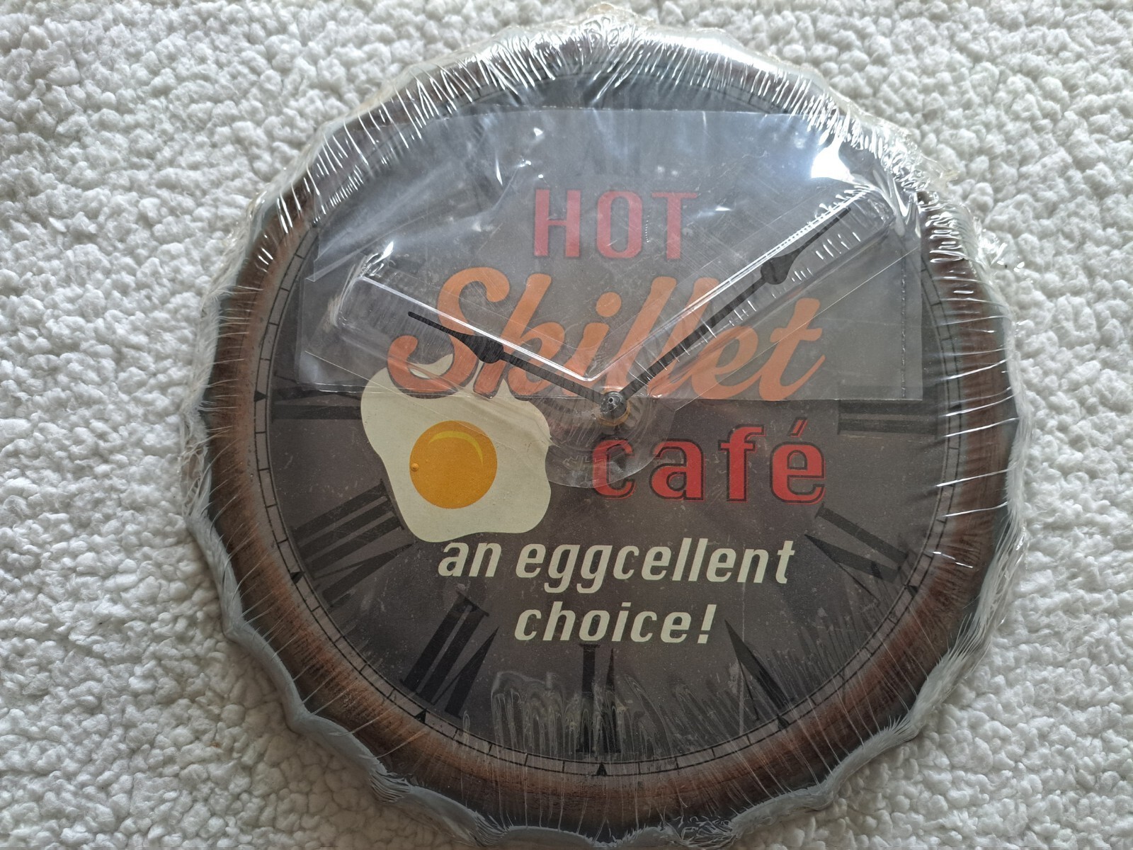 Kitchen Wall Clock-"Hot Skillet Cafe, An Eggcellent Choice"