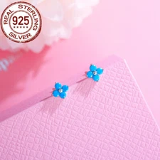 Tiny Blue Turquoise Flower Leaf Stud Earrings Sterling Silver Women Jewelry Gift