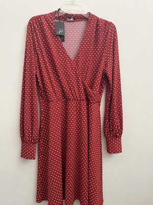 NWT Adrianna Papell Long Sleeve Red Polka dot V-neck dress Medium Elastic  Waist | eBay