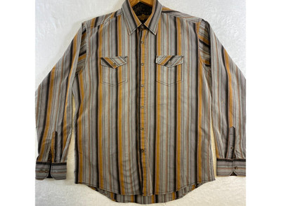 Bluer Mens Large Striped Long Sleeve Button Up Shirt Gold Brown Gray Western