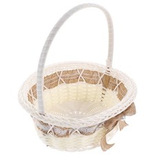 White Flower Girl Basket Woven Wicker with Handle Wedding Baskets