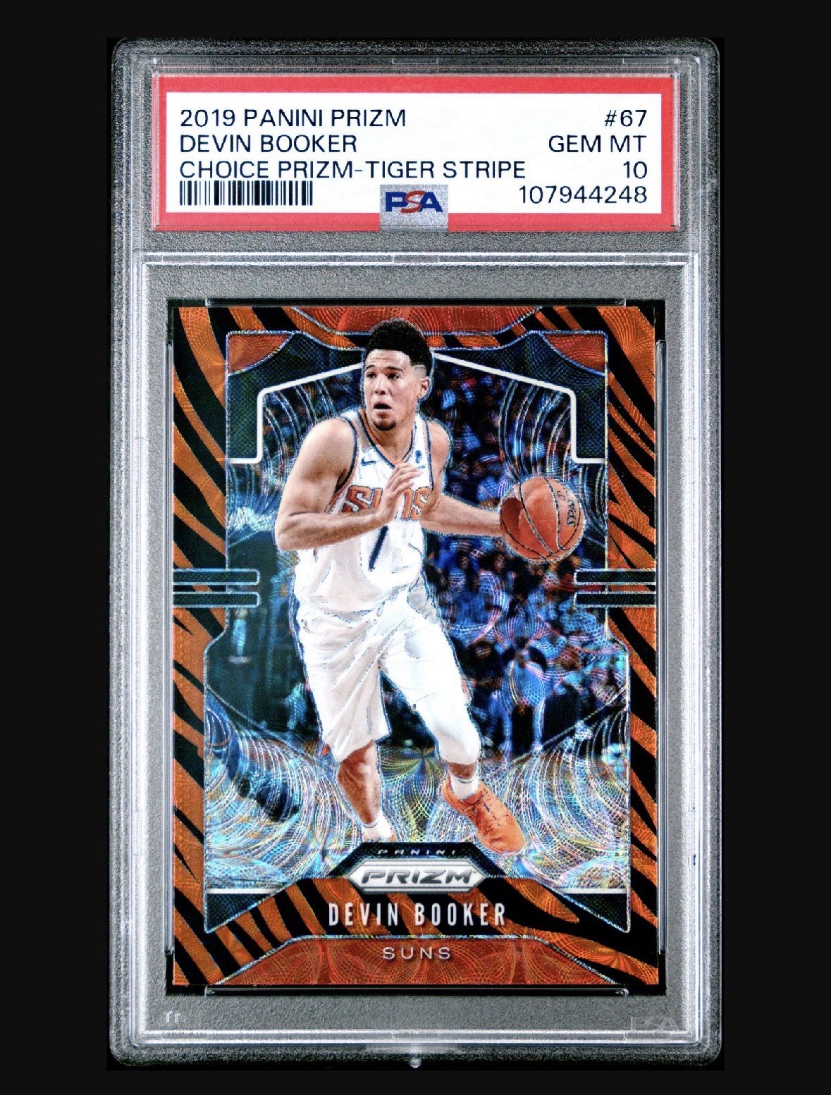 2019-20 Panini Prizm Devin Booker Choice Tiger Stripe PSA Gem Mint 10 Suns #67