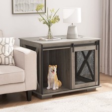 Farmhouse Dog Cage Crate Furniture with Sliding Barn Door, Farmhouse Wooden Dog