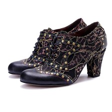 Retro Womens High Block Heel Lace Up Rivet Studded Vintage Leather Shoes Hot