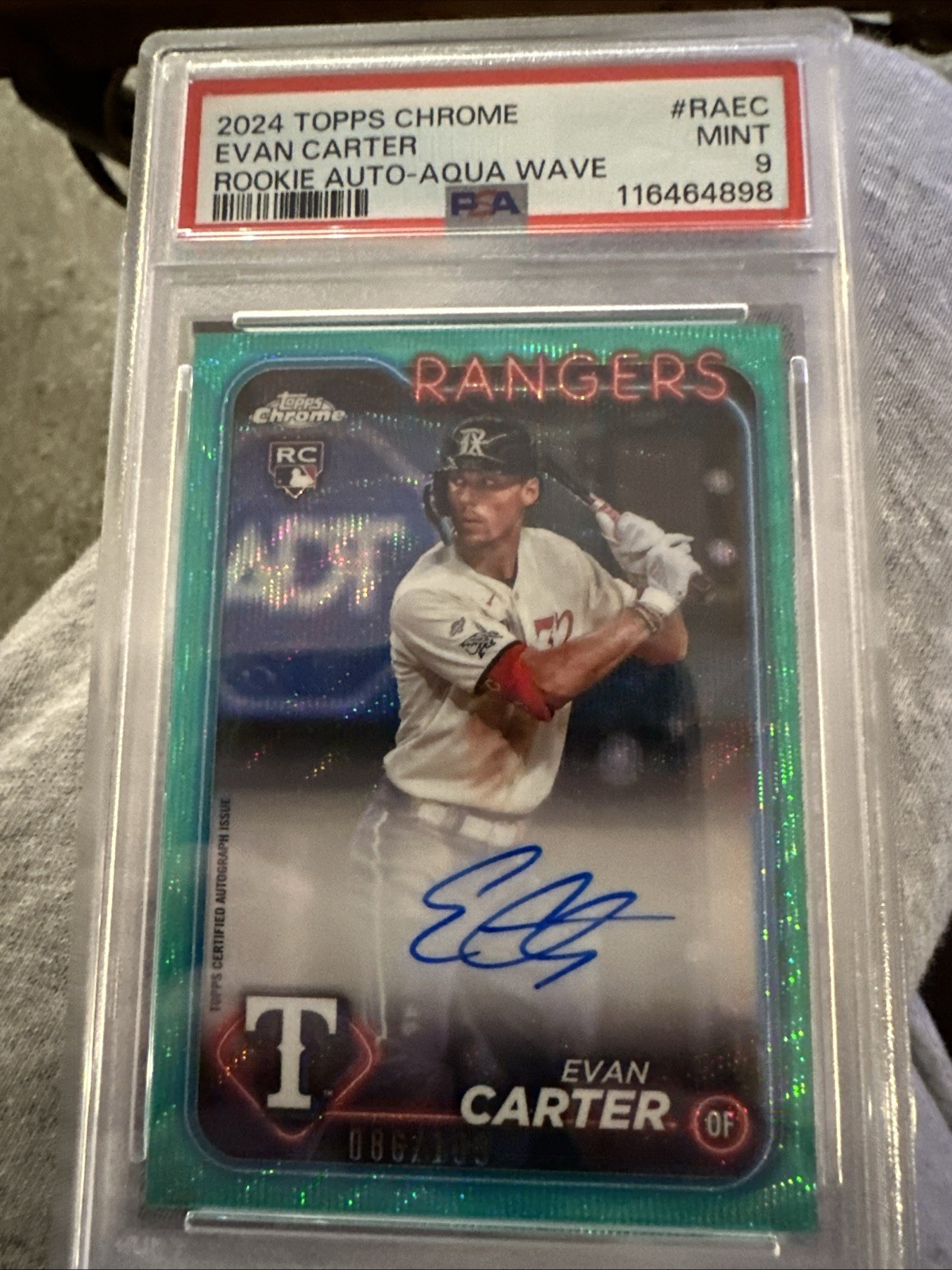 2024 Topps Chrome RC Autograph Evan Carter #RAEC Aqua Wave Refractor /199