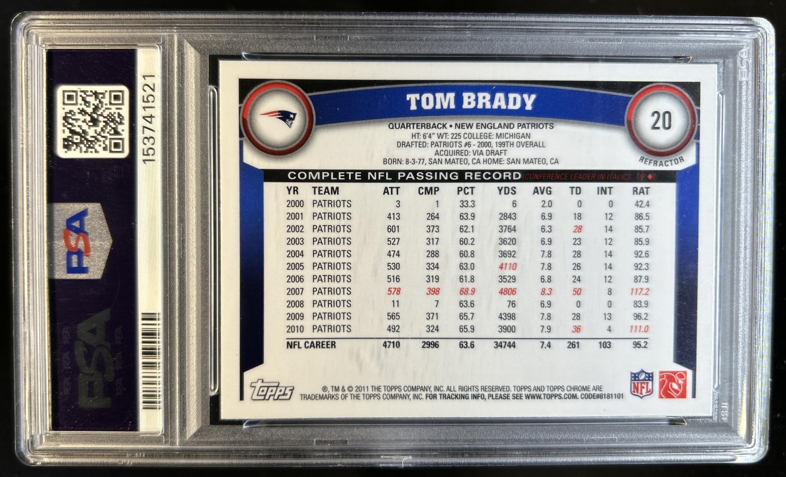 2011 Topps Chrome Tom Brady Orange Refractor #20 Patriots PSA 9 view 2