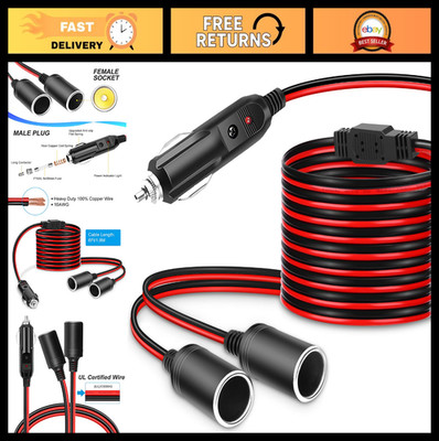 ''2-Way Car Cigarette Lighter Splitter Adapter & 6Ft Extension Cord, 12V/24V, 15A