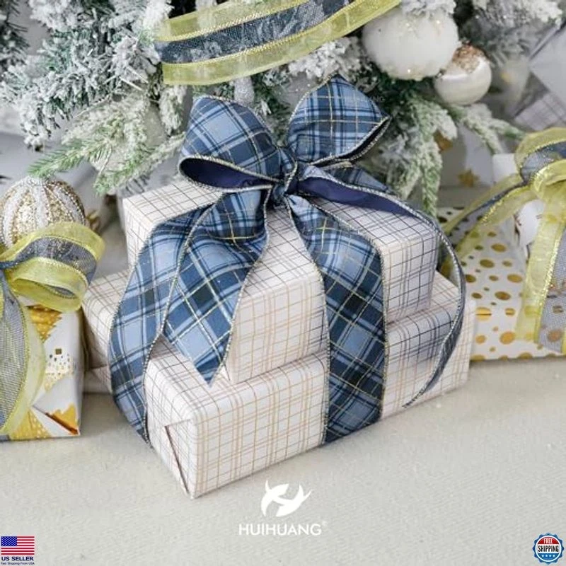 HUIHUANG 2.5" Blue Velvet Wired Ribbon - Blue & Gold Plaid Christmas, 10 Yds - Image 3 of 4