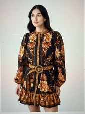 Farm Rio Black Majestic Garden Beaded Buckle Long Sleeve Mini Dress S NWT