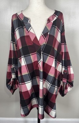 Ali Miles Multi Color Plaid Print 3/4 Sleeve Plus Size 2X Stretchy V Neck Top