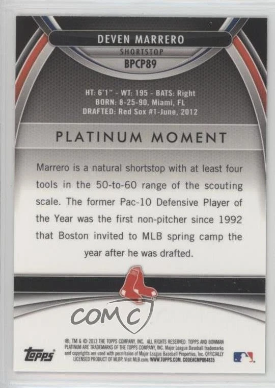 2013 Bowman Platinum Prospects Chrome Atomic Refractor /5 Deven Marrero #BPCP89 - Image 2 of 2