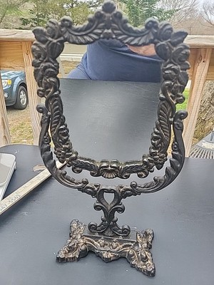 Antique Victorian Vanity TableTop Mirror Ornate Cast Iron Floral Vintage English