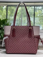 MICHAEL KORS VOYAGER LARGE TOTE SHOULDER BAG LAPTOP MK METALLIC CHERRY PINK LOGO