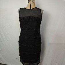 R&M Richards Black Cocktail Dress Size 12 Mesh Yoke Ruffle Trim Made in USA