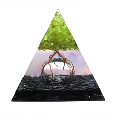 Peridot Tree of Life Pyramid w/ Obsidian Chips, Orgone Energy Generator Chakra