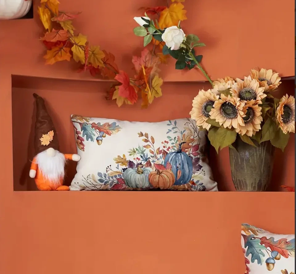 2pcs Rustic Autumn Pumpkin/Fall Leaves Pillow Covers-12x20in-Quality Linen Blend - Image 2 of 4