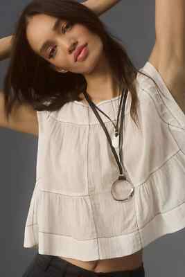Anthropologie Cap-Sleeve Babydoll Blouse S 6 Sheer White Cotton Crop Top 44630