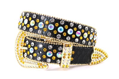 Rhinestone Western Belt Bling Black Orange Unisex Men Pant 26 Cinto Vaquero