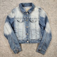 Papaya Cropped Jacket Women Large Denim Blue Y2k Stretch Preppy Shacket Ombre