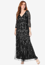 $340 Roaman's Black Beaded V-neck Gown Sequin Maxi Dress 38W NEW R619