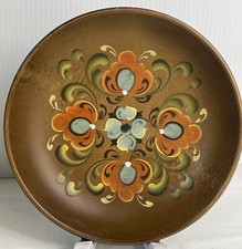 Vintage Wooden Brown Painted Norwegian Rosemaling Decorative Wall Plate