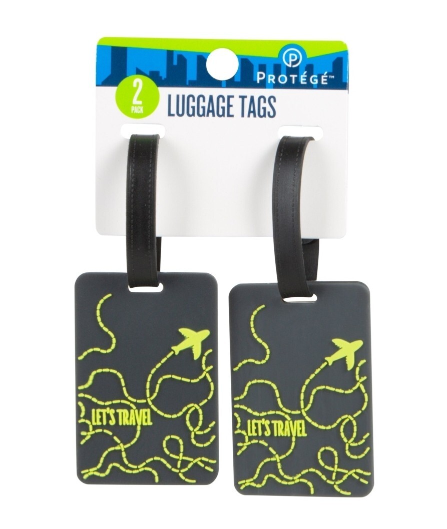 2 Pack Protege Luggage Tags ID- "Let's Travel" Dark Gray - Travel Fun