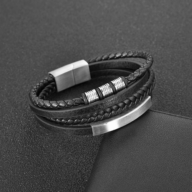 Jewelrywe Bracciale Uomo In Acciaio Inossidabile E Vera Pelle, Intrecciato Stile Biker Punk Con Testa Di Leone, Nero E Argento, 22 Cm