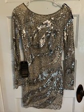 BEBE Womens Mini Dress Silver Sequin Sz 2 MSRP 269 Las Vegas New years Eve