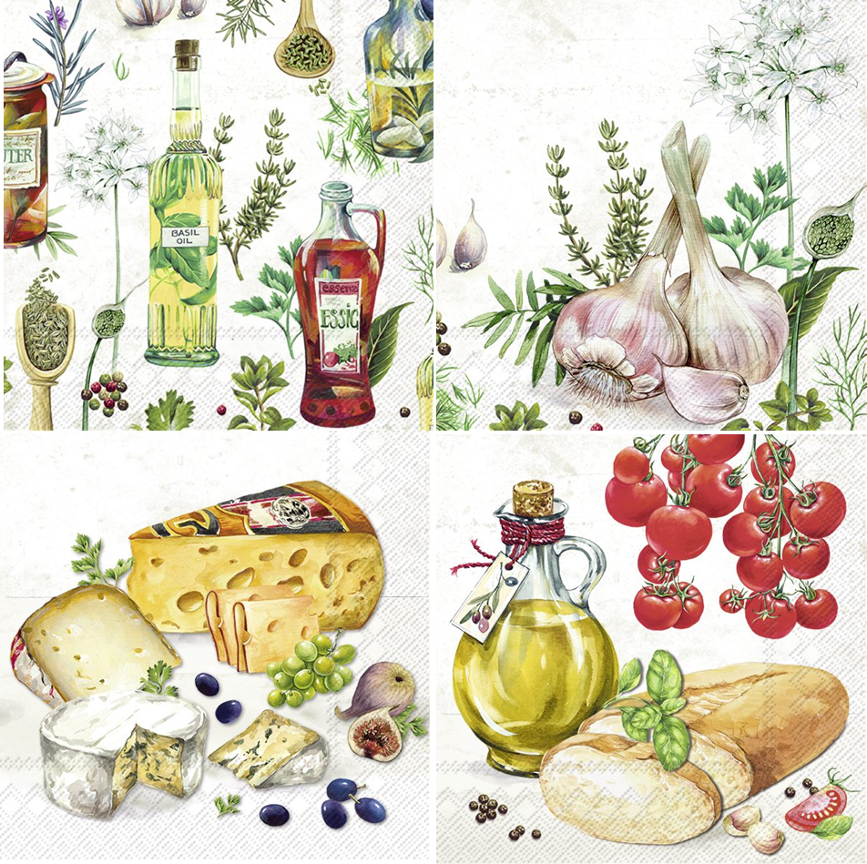 4x Mixed Set/Paper Napkin/3-Ply/33cm/Decoupage/Food/Deli/Cheese/Olive Oil/Garlic