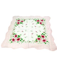 Vintage Hankie White Pink Printed Flowers Scalloped Edge 15 x 15 Handkerchief