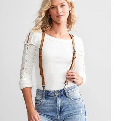 Free People Hold Me Up Suspenders Leather Pavement Tan M/L Good Condition