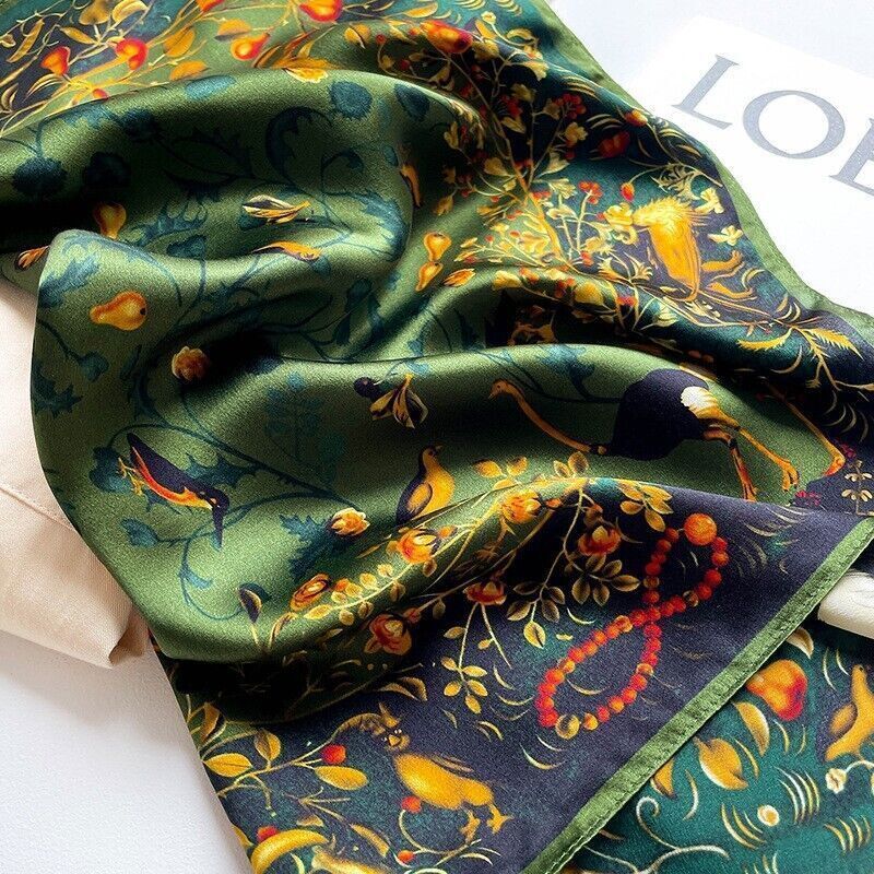 100% Mulberry Silk 20-Inch Square Scarf Womens Wrap with Birds Print in Green