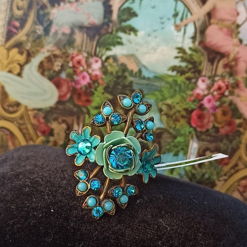Michal Negrin Ring Turquoise Rose Floral Retro Aqua Crystals Christmas Gift Box - Picture 10 of 12
