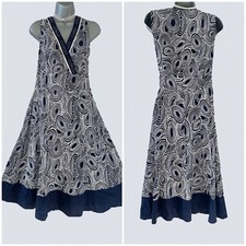 David Emanuel navy/white geometric printed linen midi Dress Size 14