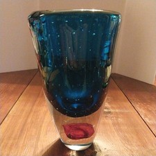 Vintage Seguso Sommerso Murano Art Glass Vase Blue Bullicante Bubble Rose Bottom