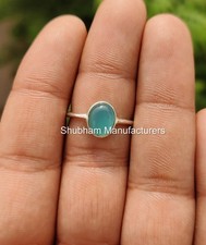 Aqua Chalcedony Natural Stone Oval Shape Handmade Silver Ring Jewelry For Women