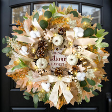 24'' Fall Wreaths for Front Door with Lights and Timer, Farmhouse