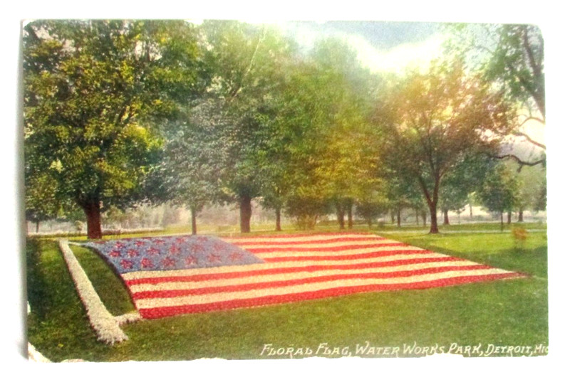 Vintage 1909 prelinen postcard of Floral Flag, Water Works Park, Detroit, Mich