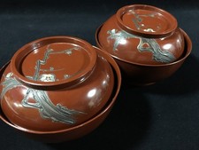 C1854 Japanese Wooden Soup Bowl Cup Set 2pc Vintage Lidded Plum Tree Tableware