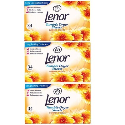 Lenor Fabric Tumble Dryer Sheets Summer Breeze, 3 Packs of 34 Sheets