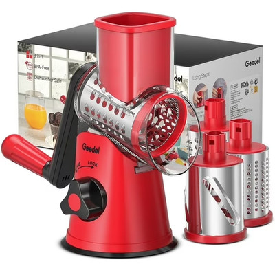 Red Geedel Rotary Cheese Grater with 3 Interchangeable Blades Kitchen Mandoline