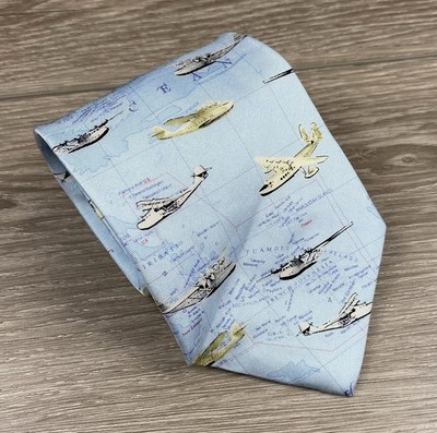 Smithsonian Men s 100% Silk Oceanic Planes Boats Map Tie Blue