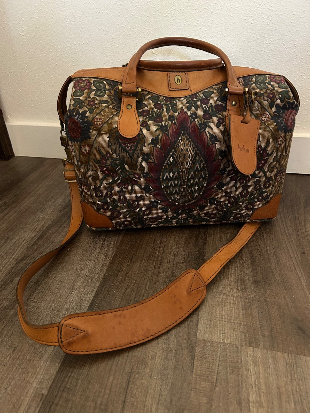 Hartmann authentic flame paisley tapestry leather duffle weekender carry on bag