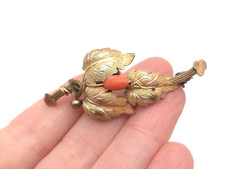Vintage Antique Tri Gold Gilt Victorian Coral Autumn Leaves Branch Brooch Pin