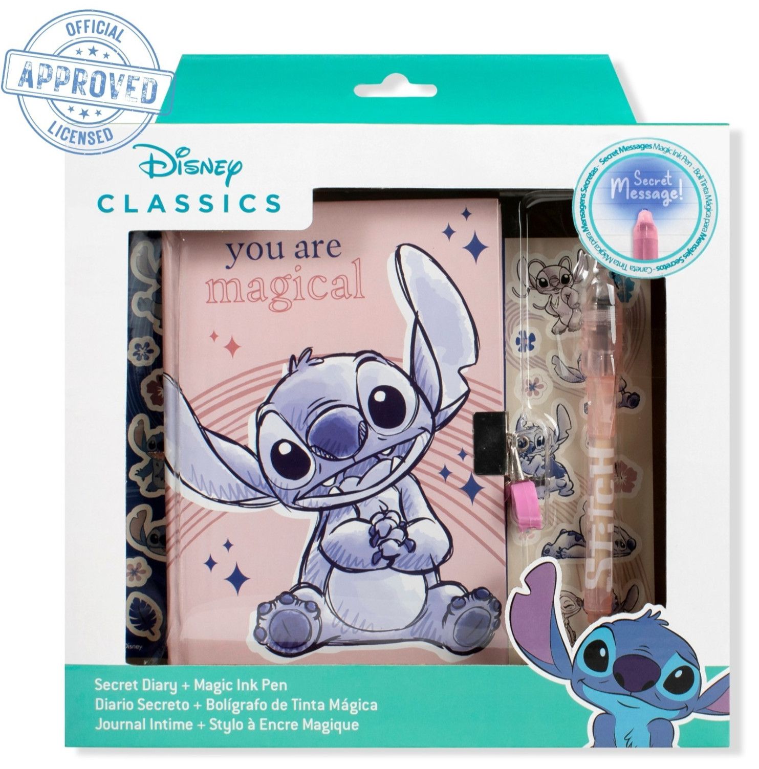 Official Disney Stitch Locked Diary, Magic Ink Pen and Sticker Gift Set for Kids
