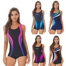 Damen Badeanzug mit Bein Einteiliger Sport Surf Bademode Schwimmanzug Bauchweg